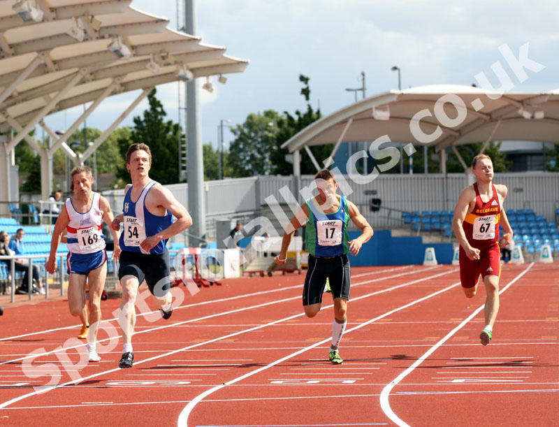 54 Luke Evans (Blackburn) wins the 200 metres from 169 Darren Scott (City of Sheffield), 17 Rick Beardsall (City of Sheffield) and 67 Luke Giblin (Belgrave Harriers), Northern Championships, Sport City, Manchester